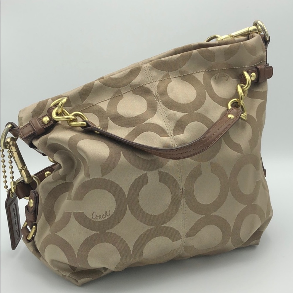 COACH Signature Brown Sateen Hobo Tote